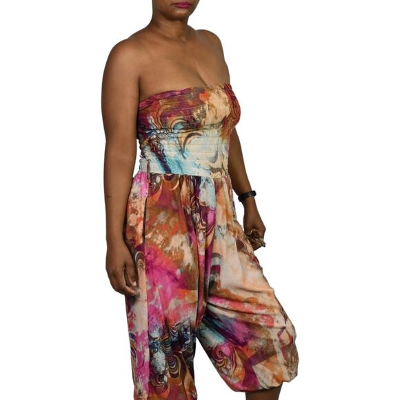 Vintage Apple Bottoms Harem Jumpsuit Pink Psychedelic Strapless Tube Y2K Small - Picture 6 of 16